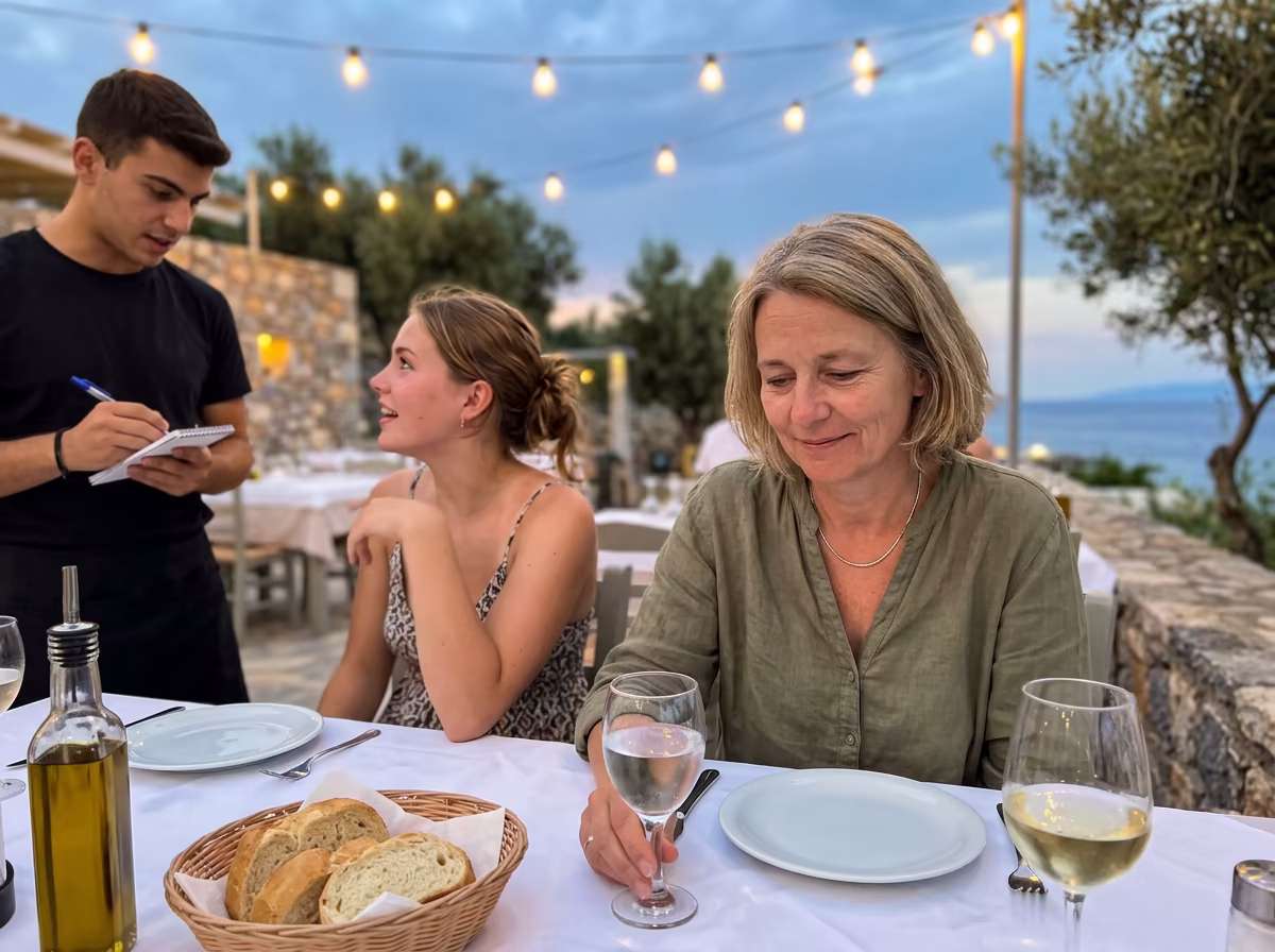 Andrea am Hotel-Restaurant-Tisch auf Kreta — die 19-jährige Tochter bestellt im Vordergrund