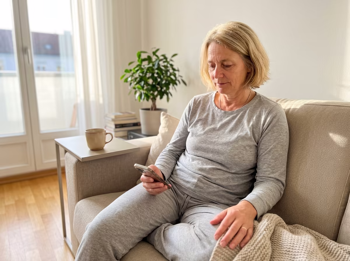 Andrea morgens auf dem Sofa in München mit Smartphone und Kaffee