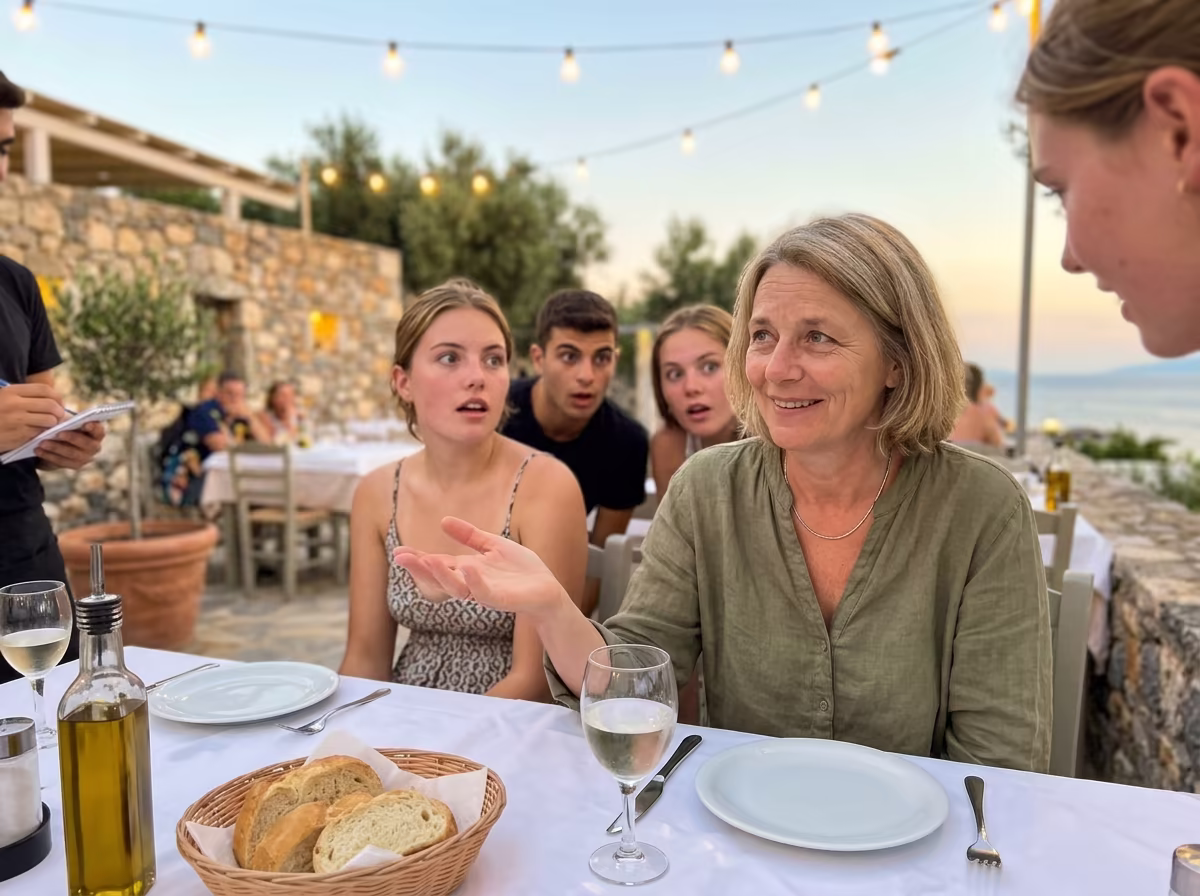 Andrea acht Monate später in einem Restaurant auf Sardinien — sie bestellt souverän selbst, ihre Kinder im Hintergrund überrascht