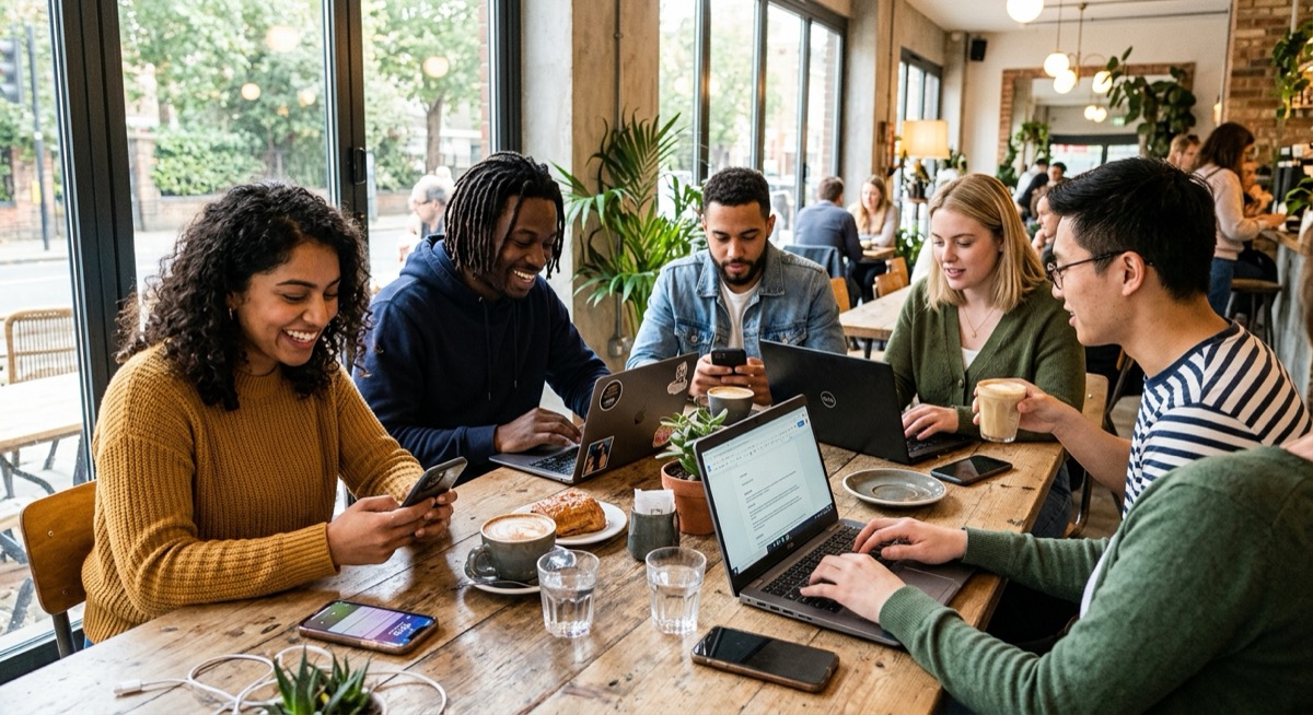 Junge Leute lernen gemeinsam mit Laptop und Smartphone