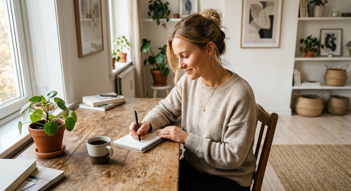 Frau lernt konzentriert mit Notizbuch und Kaffee